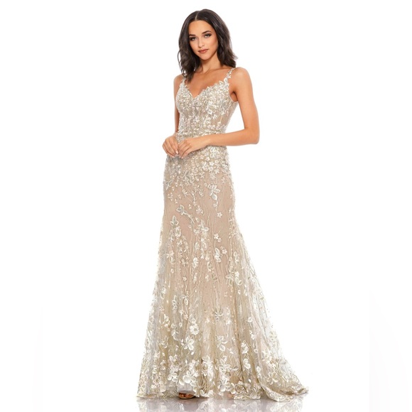 $789 Mac Duggal FLORAL EMBROIDERED CORSET BODICE GOWN size 0 - Picture 1 of 8